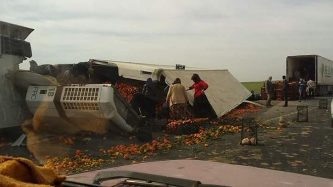 Nusaybin`de Mandalina Yüklü Tır Devrildi